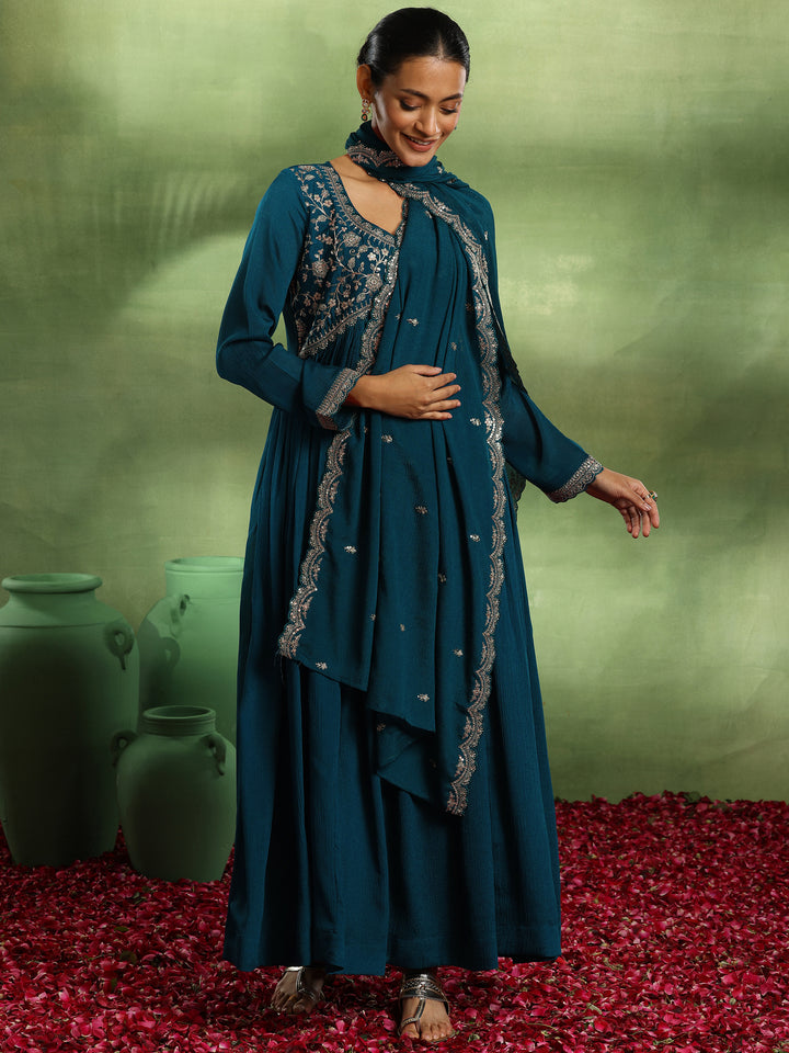 Teal Yoke Design Silk Blend A-Line Kurta With Trousers & Dupatta