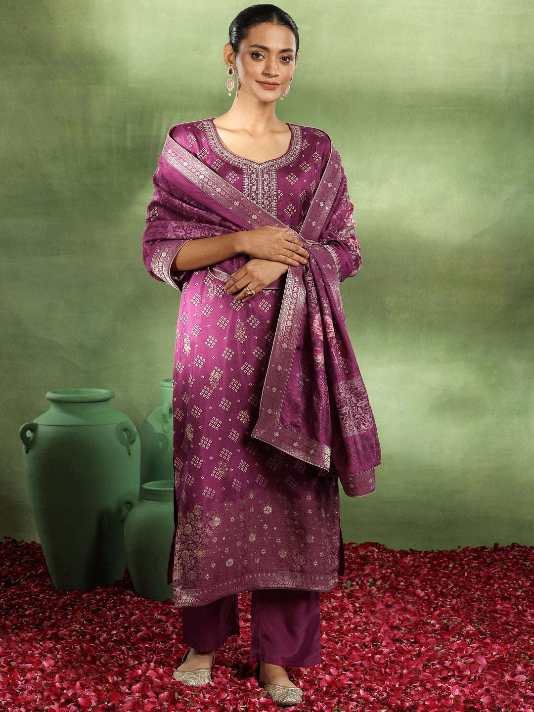 Magenta Printed Silk Blend Straight Suit With Dupatta