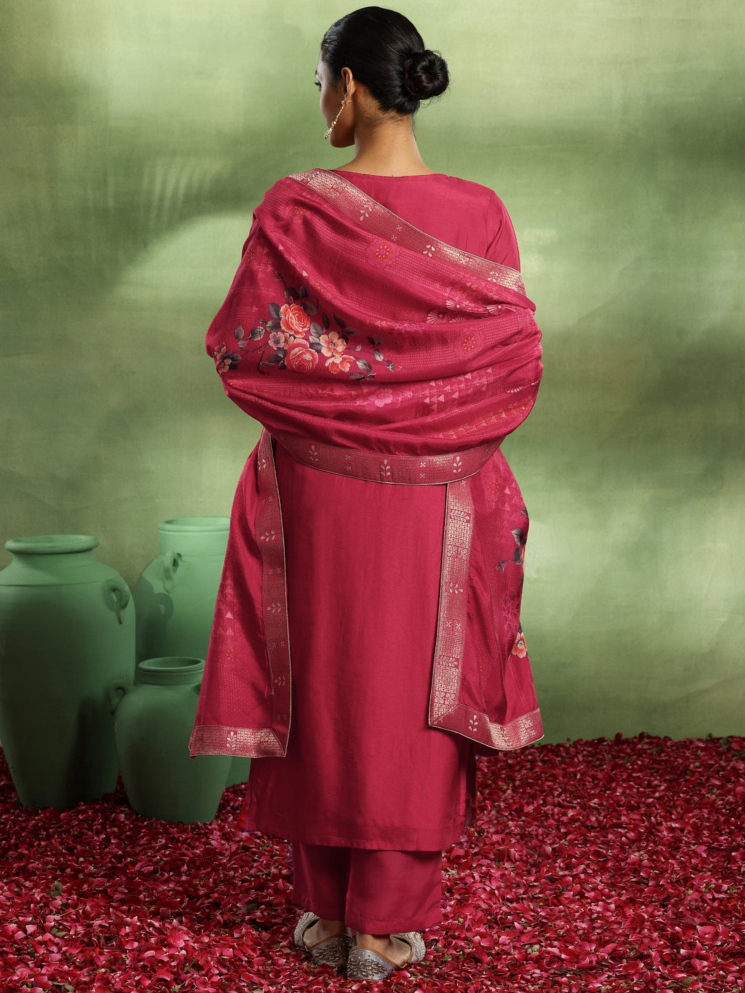 Pink Woven Design Silk Blend Straight Suit With Dupatta