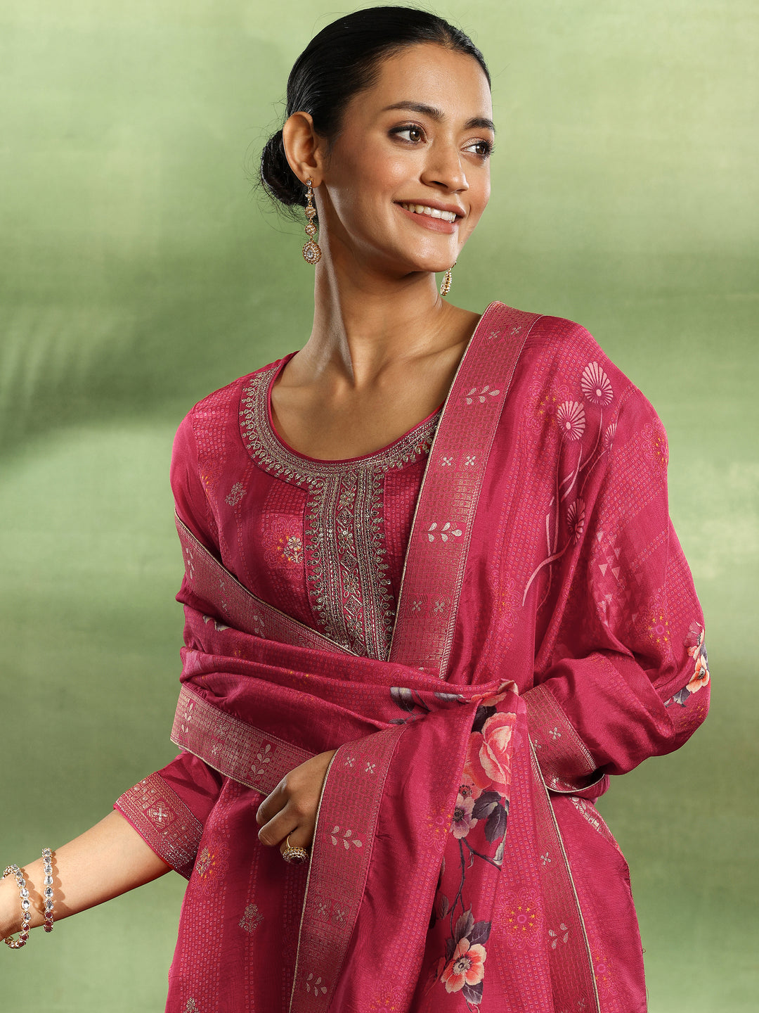 Pink Woven Design Silk Blend Straight Suit With Dupatta
