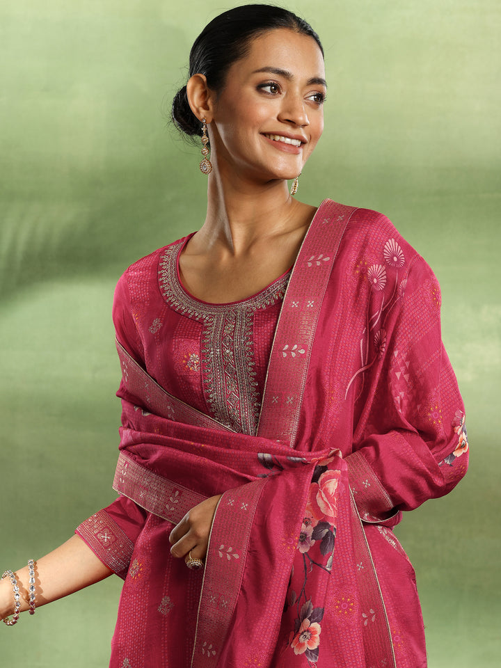 Pink Woven Design Silk Blend Straight Suit With Dupatta