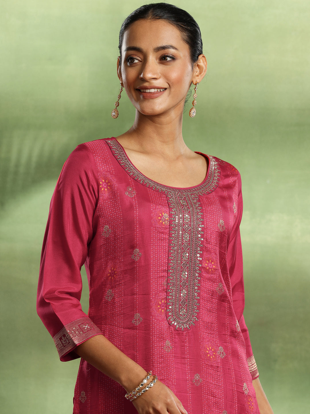 Pink Woven Design Silk Blend Straight Suit With Dupatta