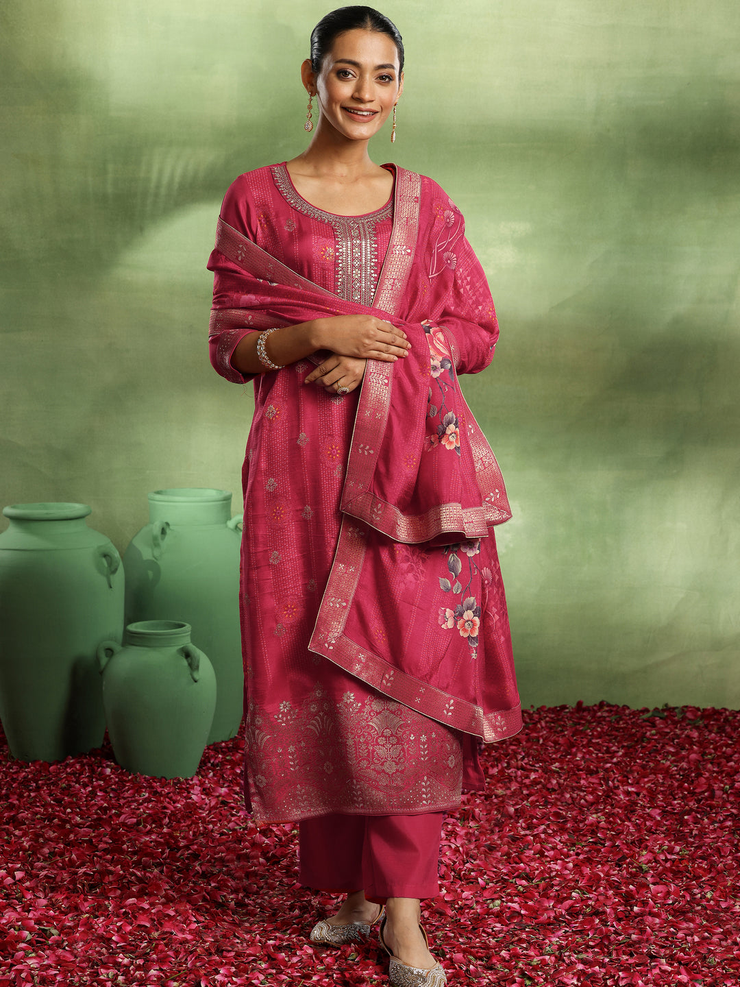 Pink Woven Design Silk Blend Straight Suit With Dupatta