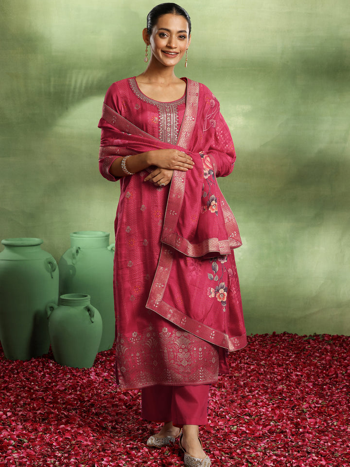 Pink Woven Design Silk Blend Straight Suit With Dupatta