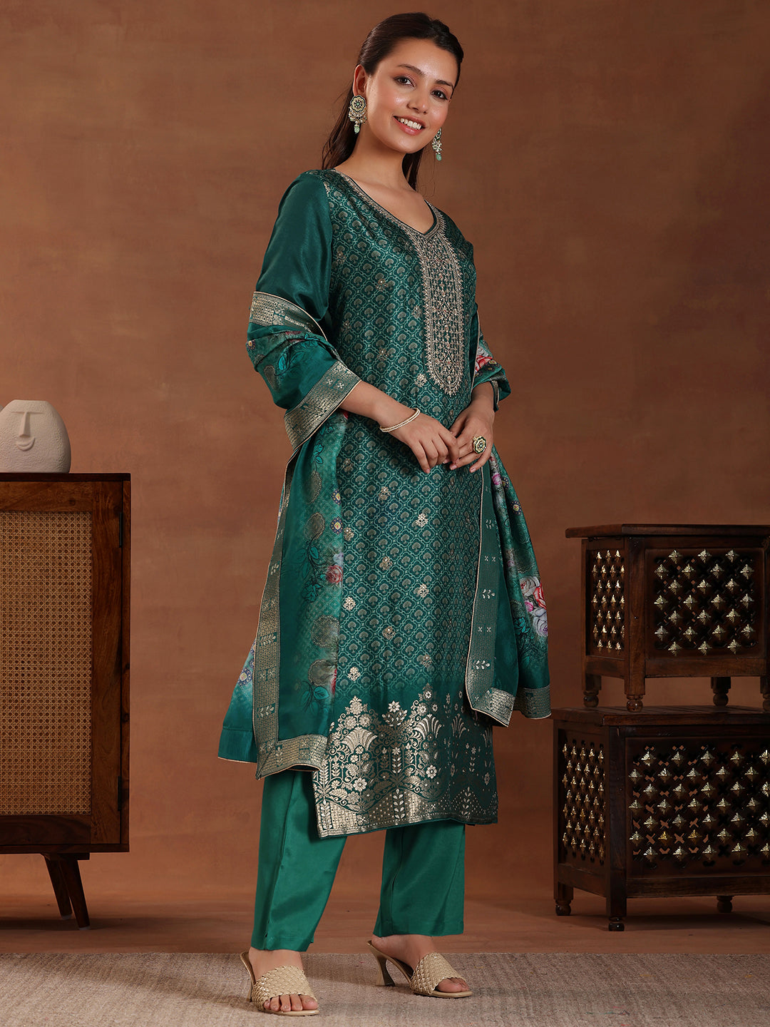 Green Printed Silk Blend Straight Suit With Dupatta