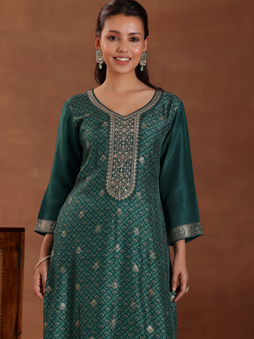Green Printed Silk Blend Straight Suit With Dupatta