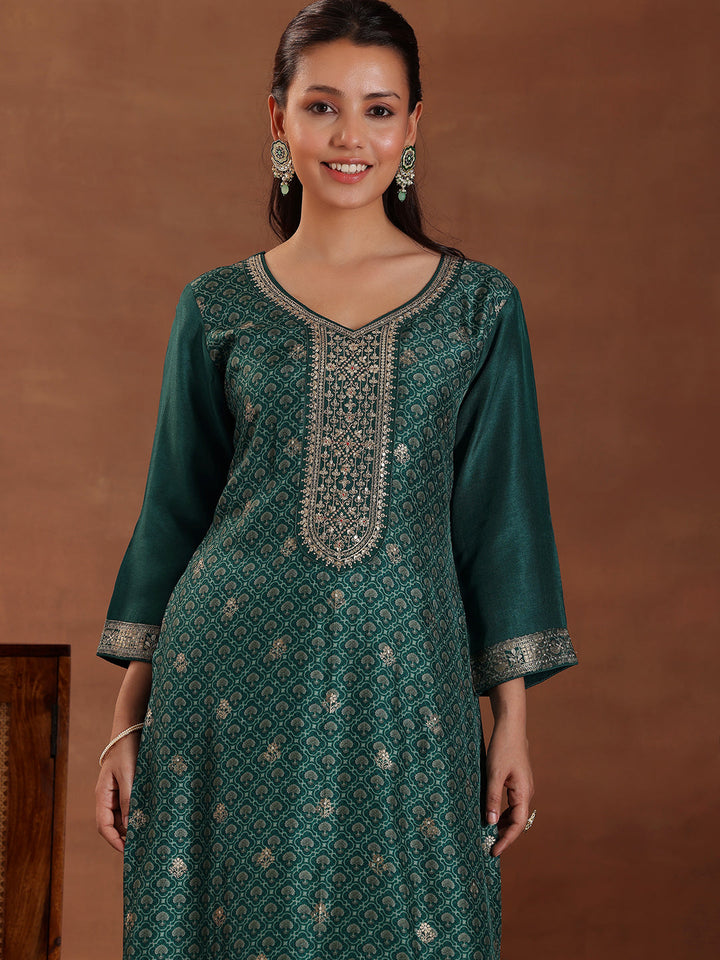 Green Printed Silk Blend Straight Suit With Dupatta