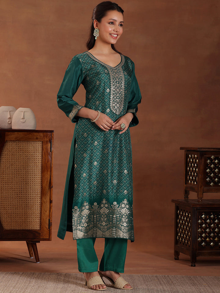 Green Printed Silk Blend Straight Suit With Dupatta
