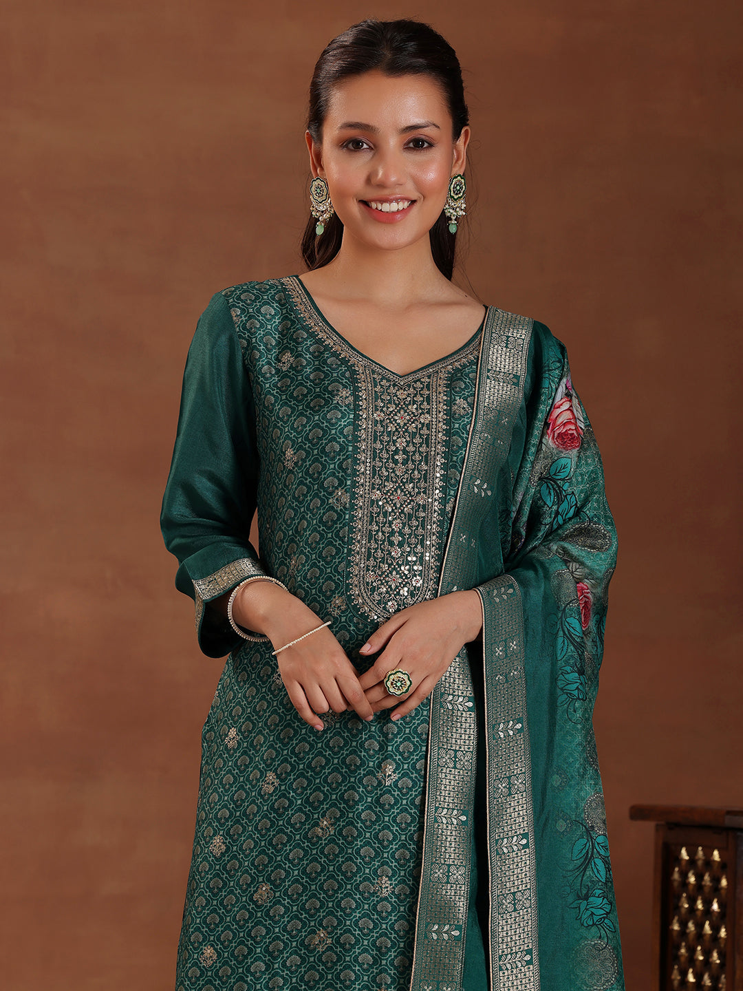 Green Printed Silk Blend Straight Suit With Dupatta