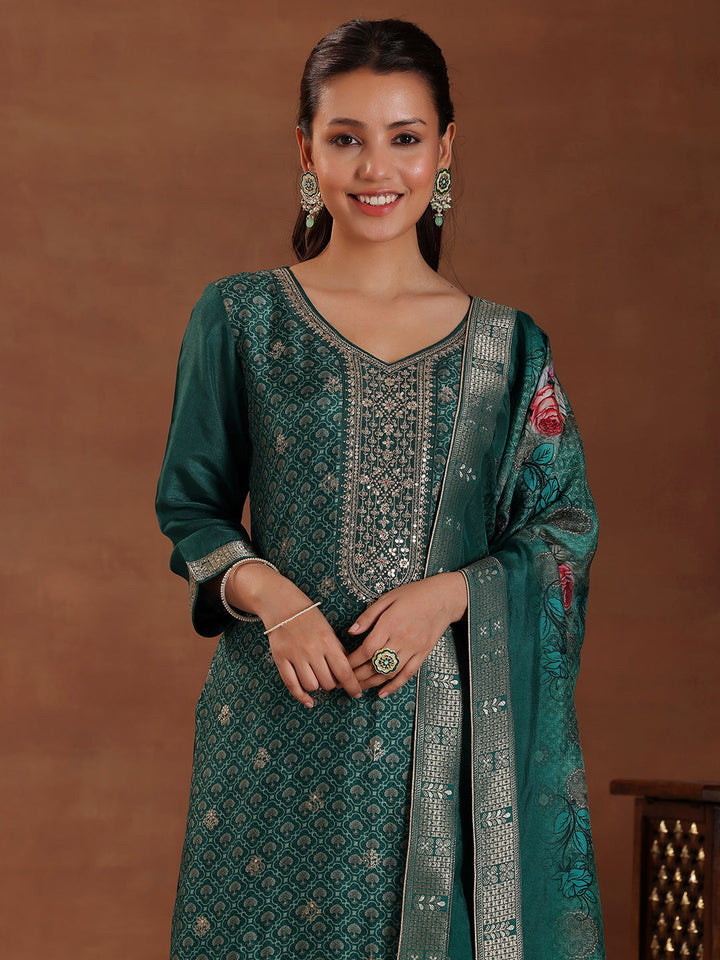 Green Printed Silk Blend Straight Suit With Dupatta