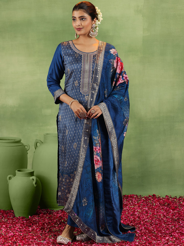 Blue Printed Silk Blend Straight Suit With Dupatta