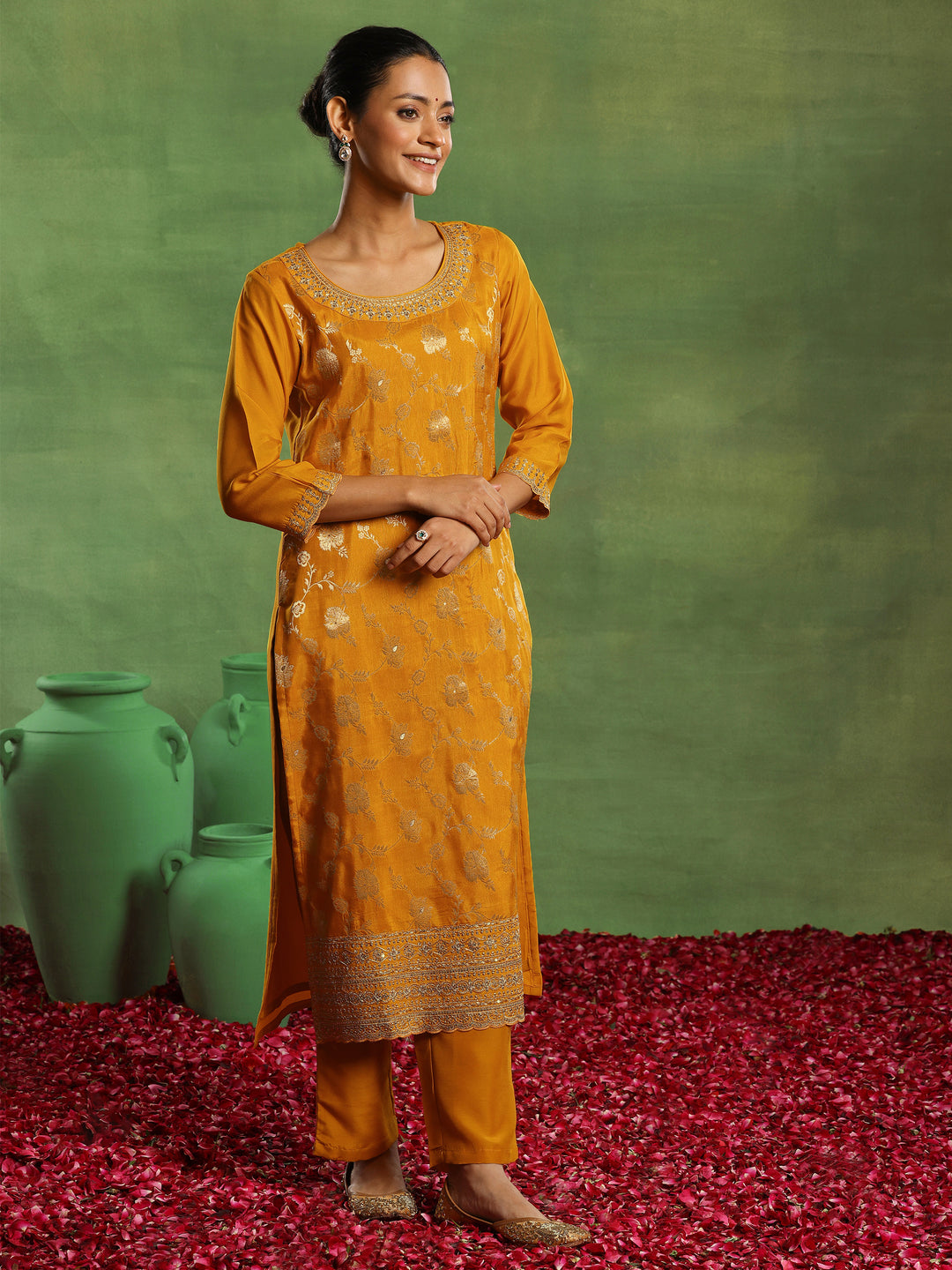 Mustard Woven Design Silk Blend Straight Suit With Dupatta