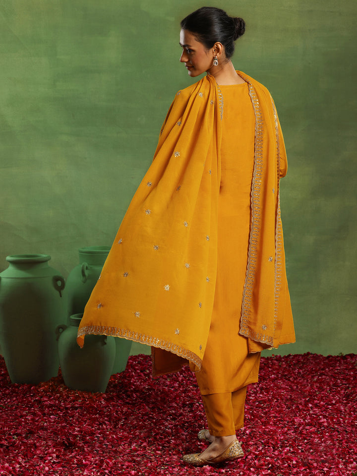 Mustard Woven Design Silk Blend Straight Suit With Dupatta