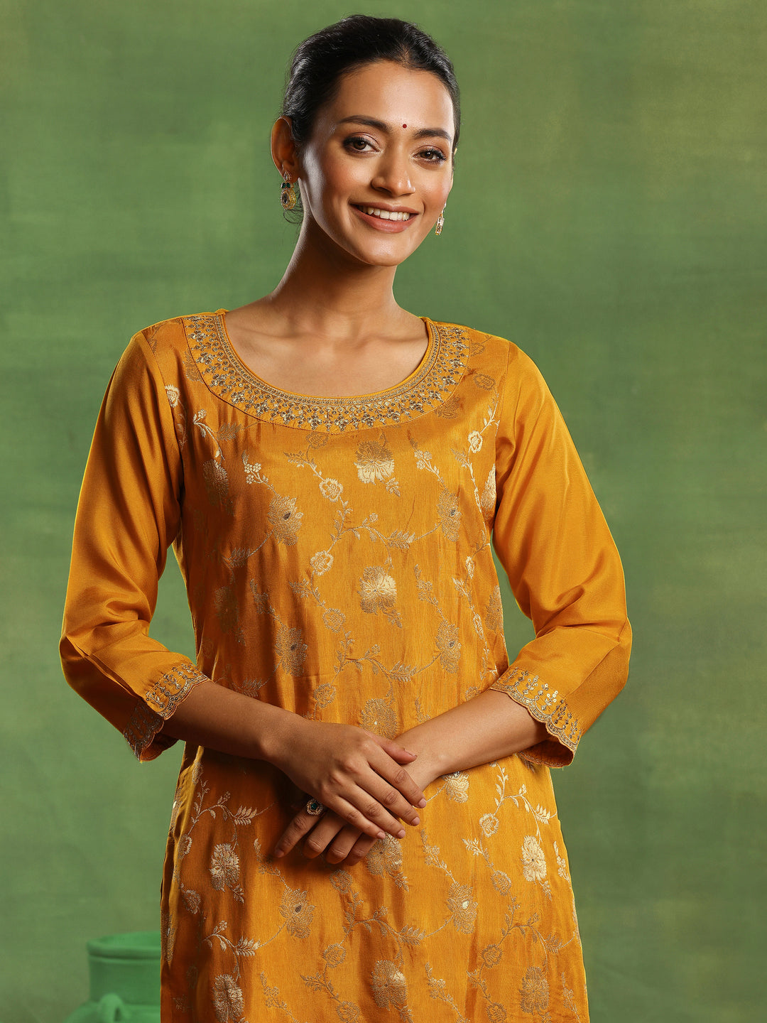 Mustard Woven Design Silk Blend Straight Suit With Dupatta