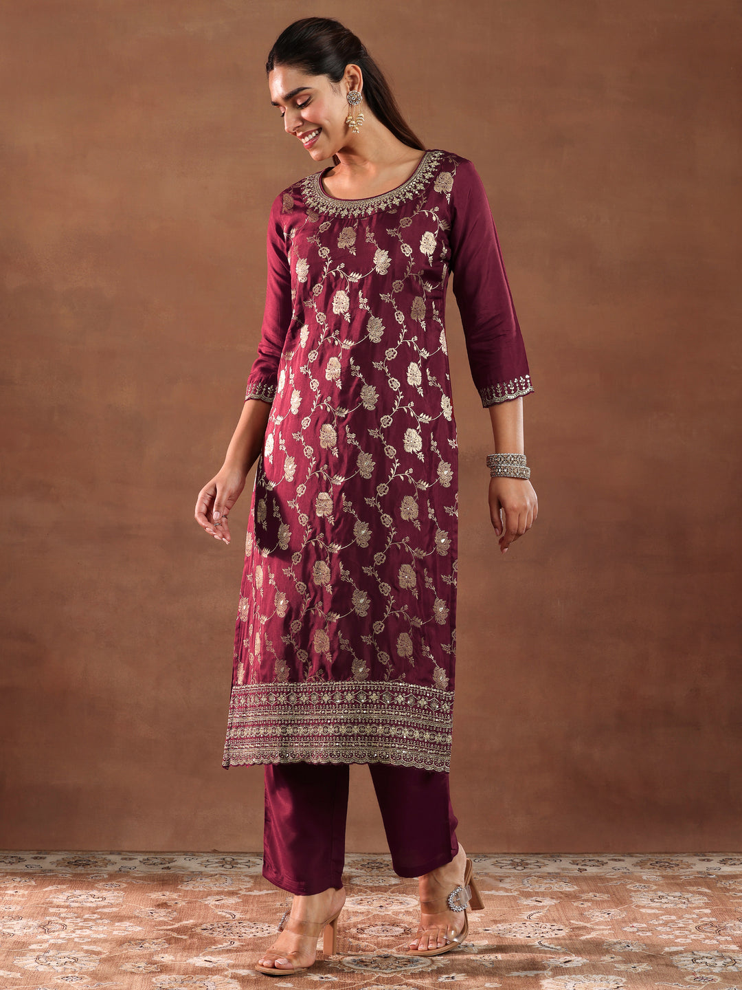 Maroon Woven Design Silk Blend Straight Suit With Dupatta