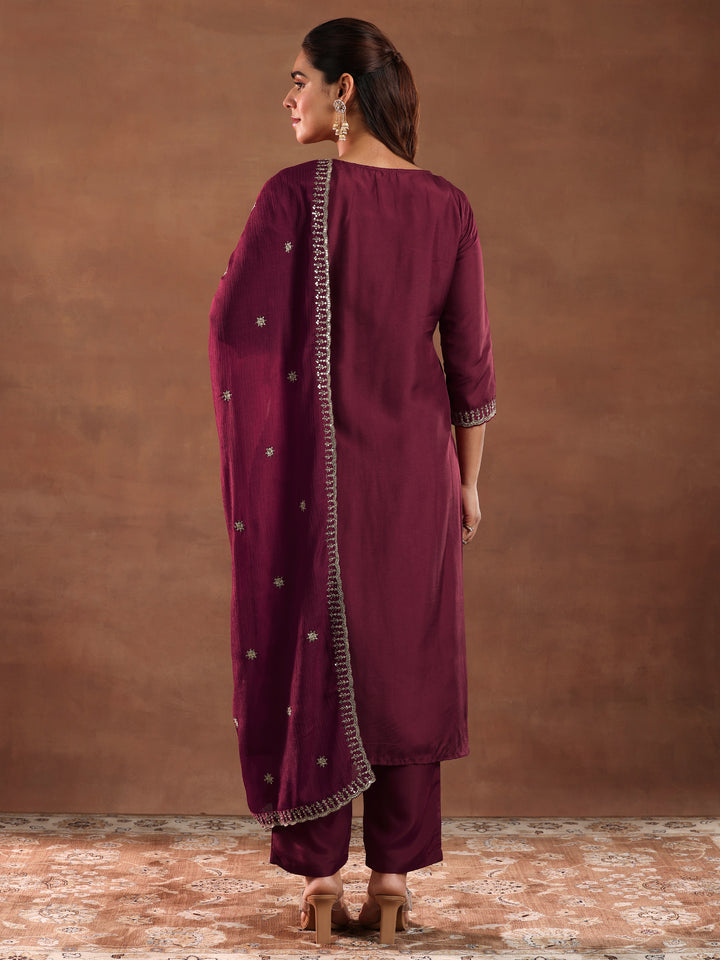 Maroon Woven Design Silk Blend Straight Suit With Dupatta