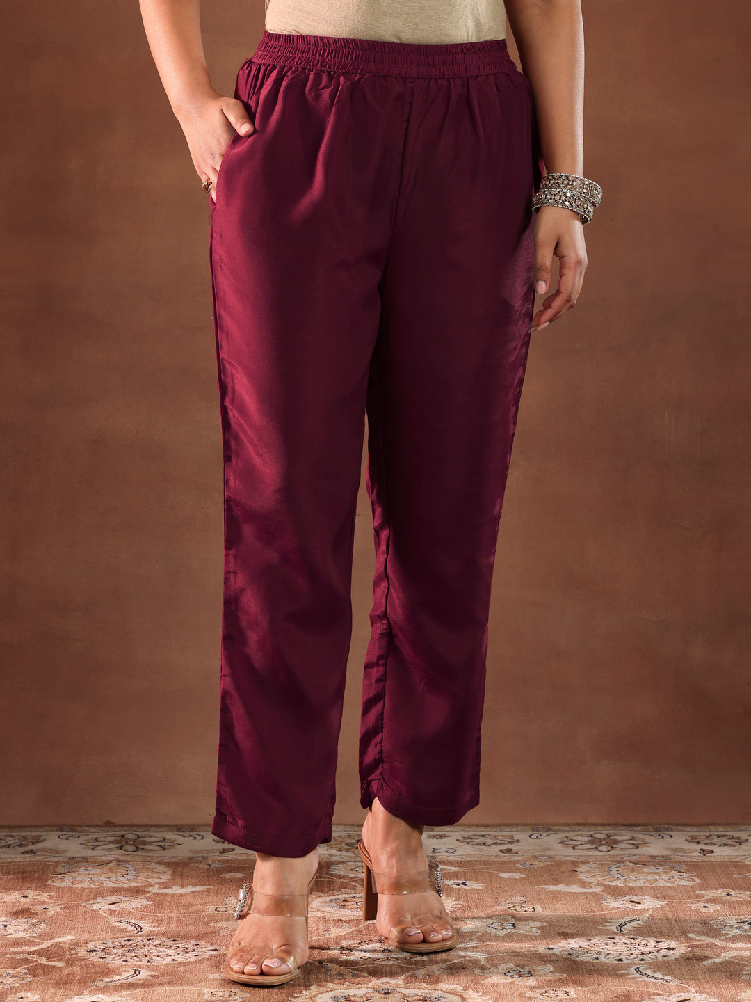 Maroon Woven Design Silk Blend Straight Suit With Dupatta