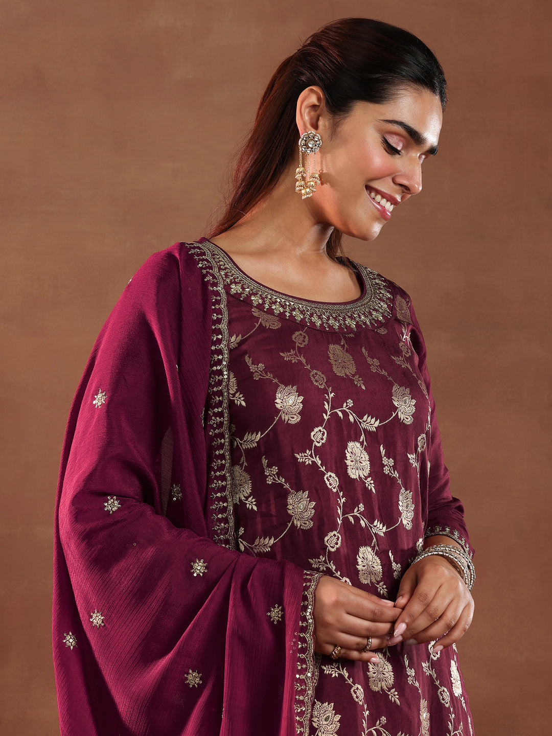 Maroon Woven Design Silk Blend Straight Suit With Dupatta