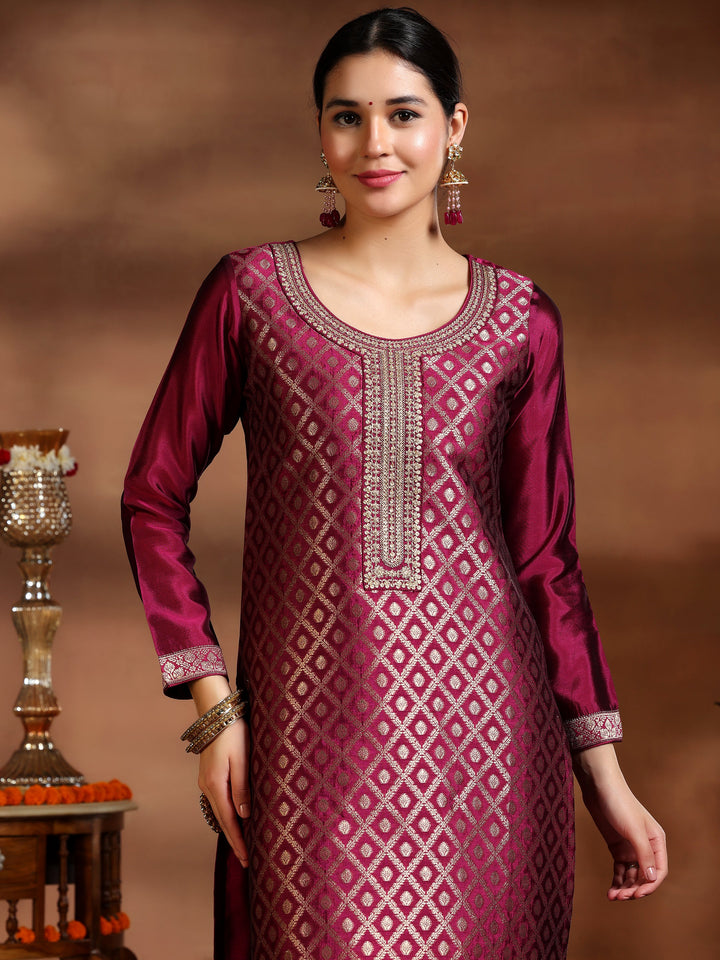 Magenta Woven Design Silk Blend Straight Suit With Dupatta