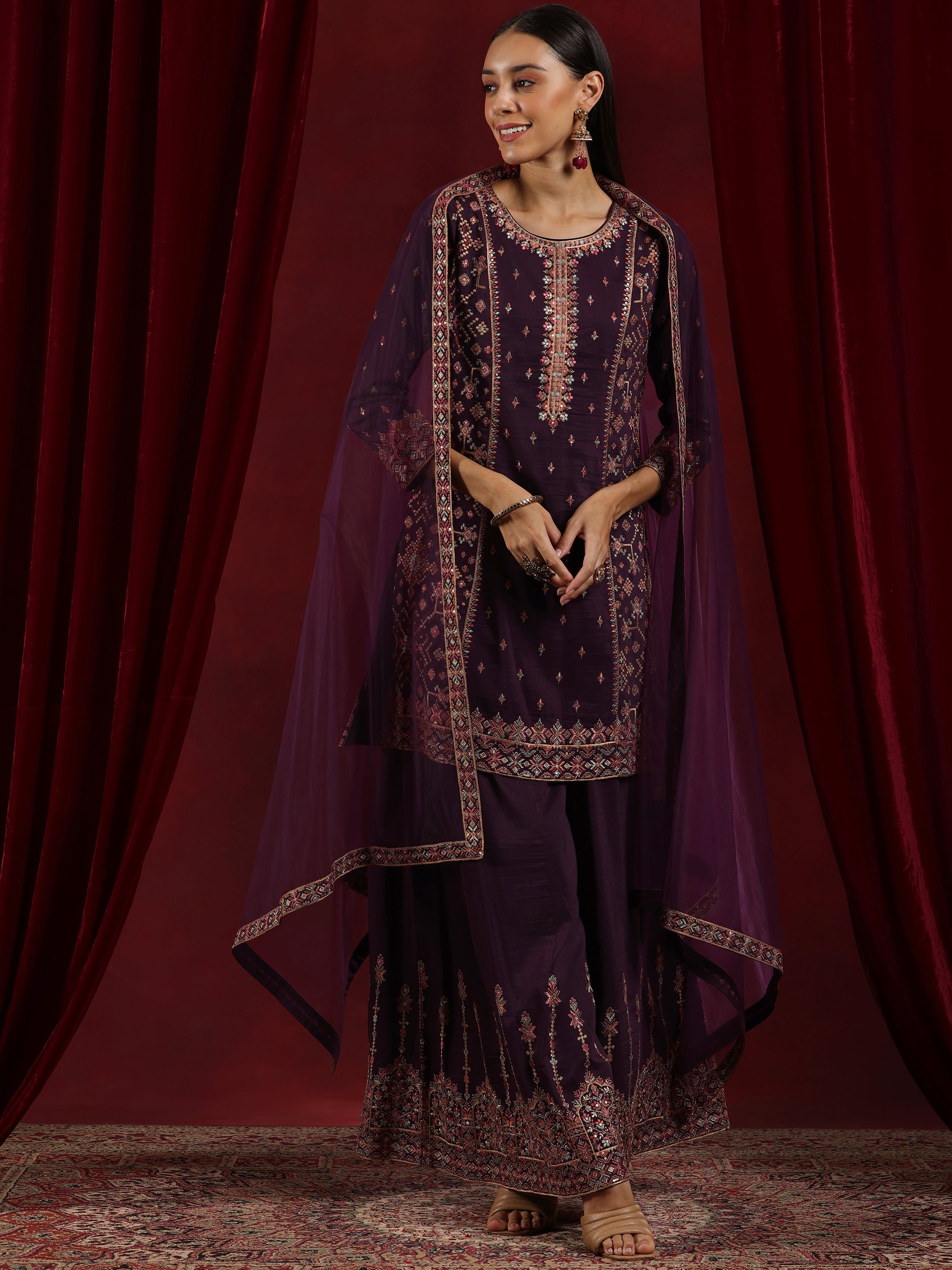 Libas Art Wine Embroidered Silk Blend 3 Piece Co-Ord Sets main image 1