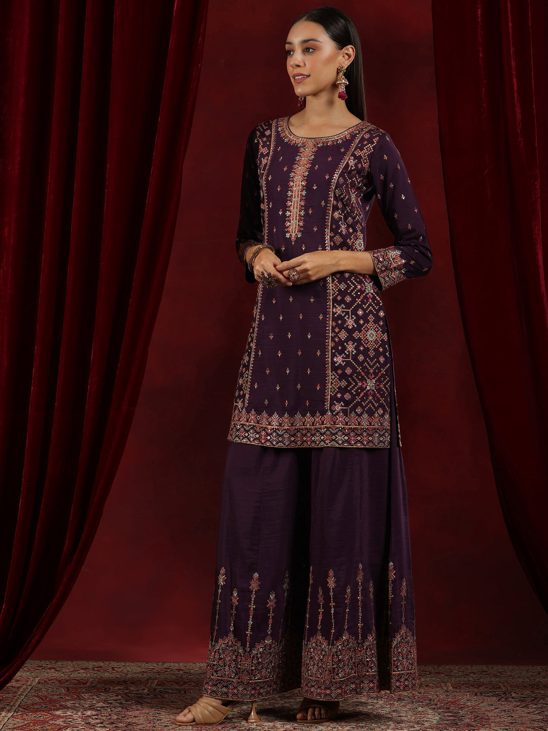 Libas Art Wine Embroidered Silk Blend Straight Suit With Dupatta
