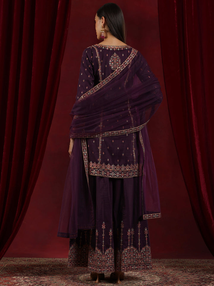 Libas Art Wine Embroidered Silk Blend Straight Suit With Dupatta