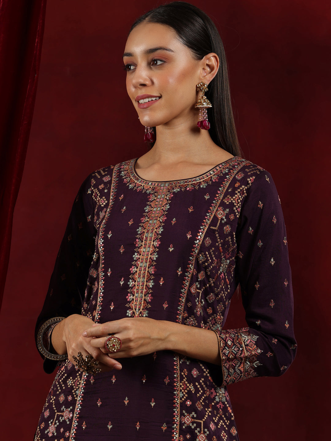 Libas Art Wine Embroidered Silk Blend Straight Suit With Dupatta