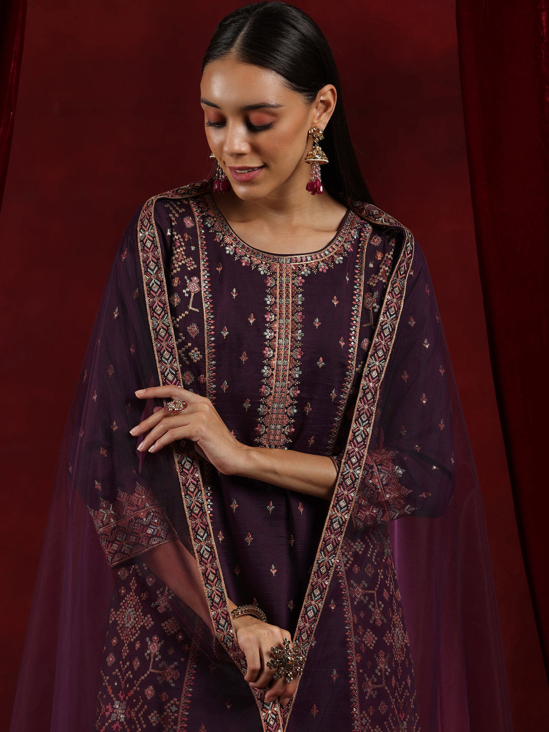 Libas Art Wine Embroidered Silk Blend Straight Suit With Dupatta