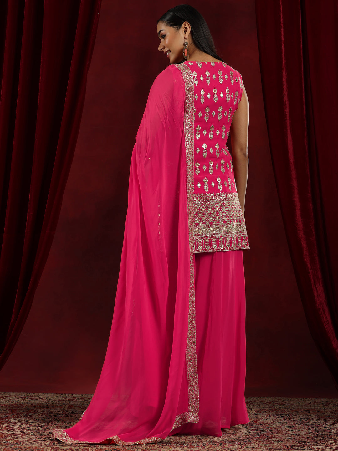Libas Art Coral Embroidered Georgette Straight Suit With Dupatta