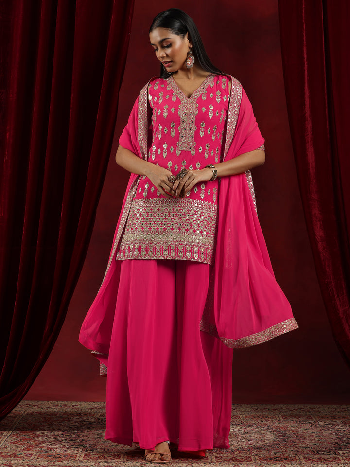Libas Art Coral Embroidered Georgette Straight Suit With Dupatta