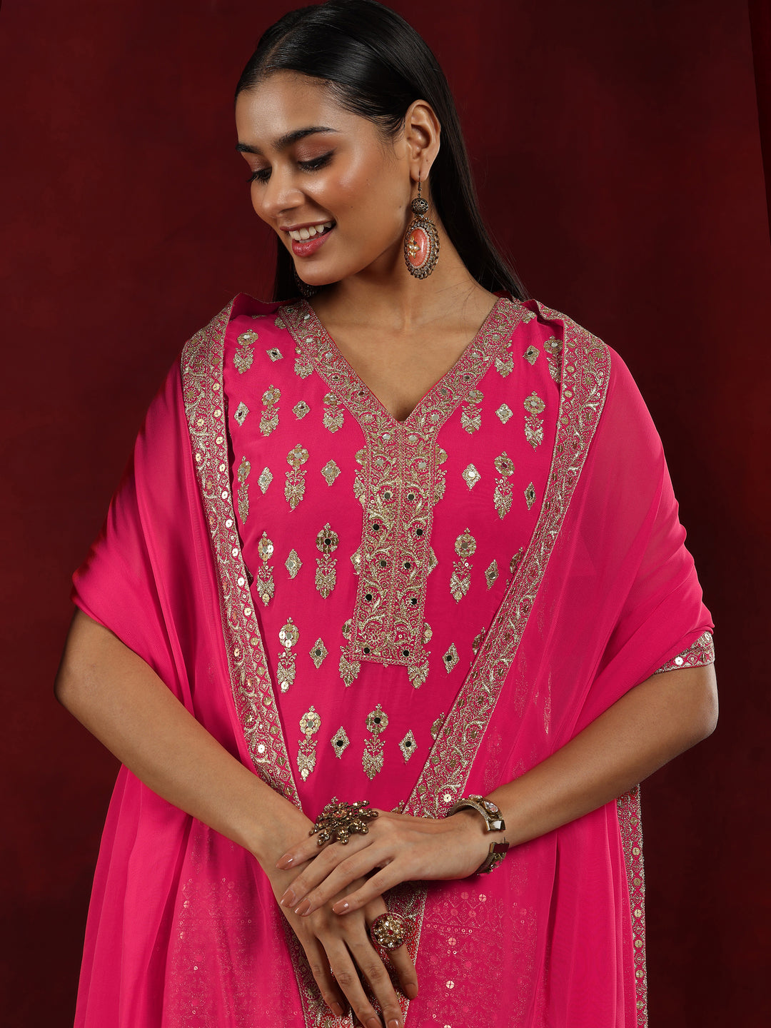 Libas Art Coral Embroidered Georgette Straight Suit With Dupatta
