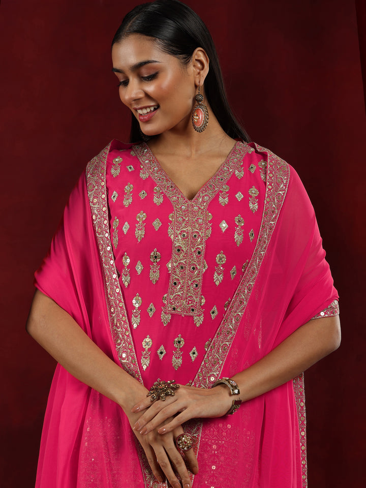 Libas Art Coral Embroidered Georgette Straight Suit With Dupatta
