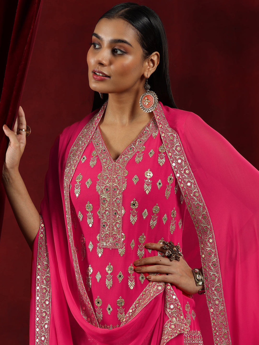 Libas Art Coral Embroidered Georgette Straight Suit With Dupatta