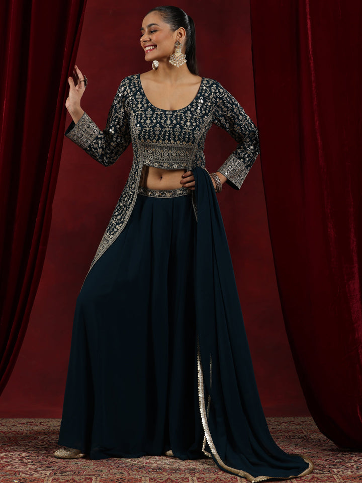 Libas Art Blue Embroidered Georgette A-Line Kurta With Palazzos & Dupatta