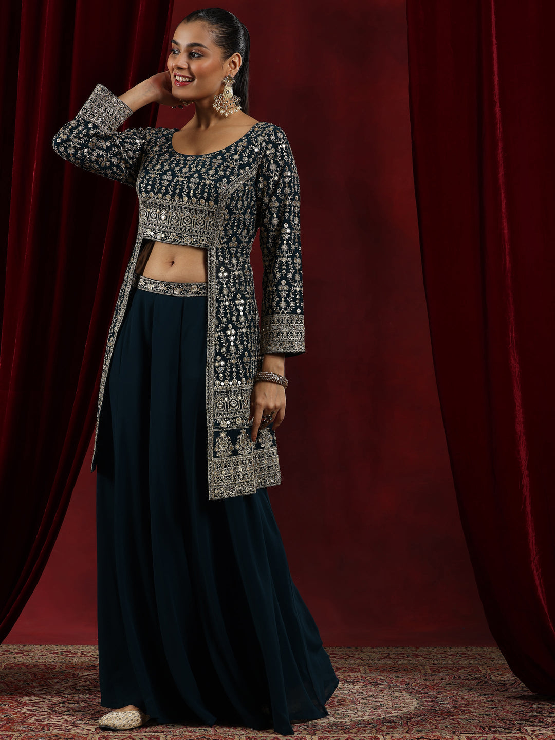 Libas Art Blue Embroidered Georgette A-Line Kurta With Palazzos & Dupatta