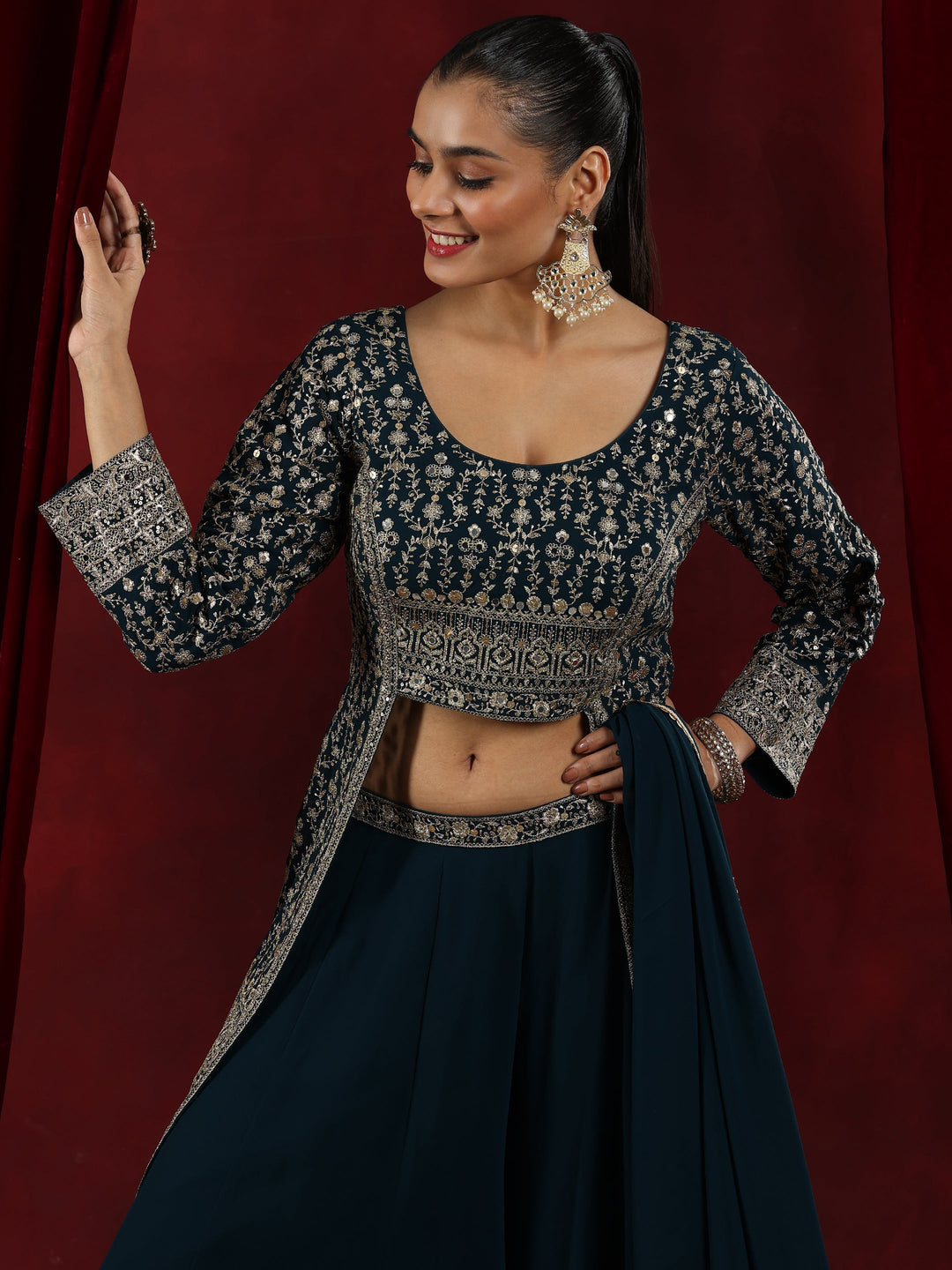Libas Art Blue Embroidered Georgette A-Line Kurta With Palazzos & Dupatta