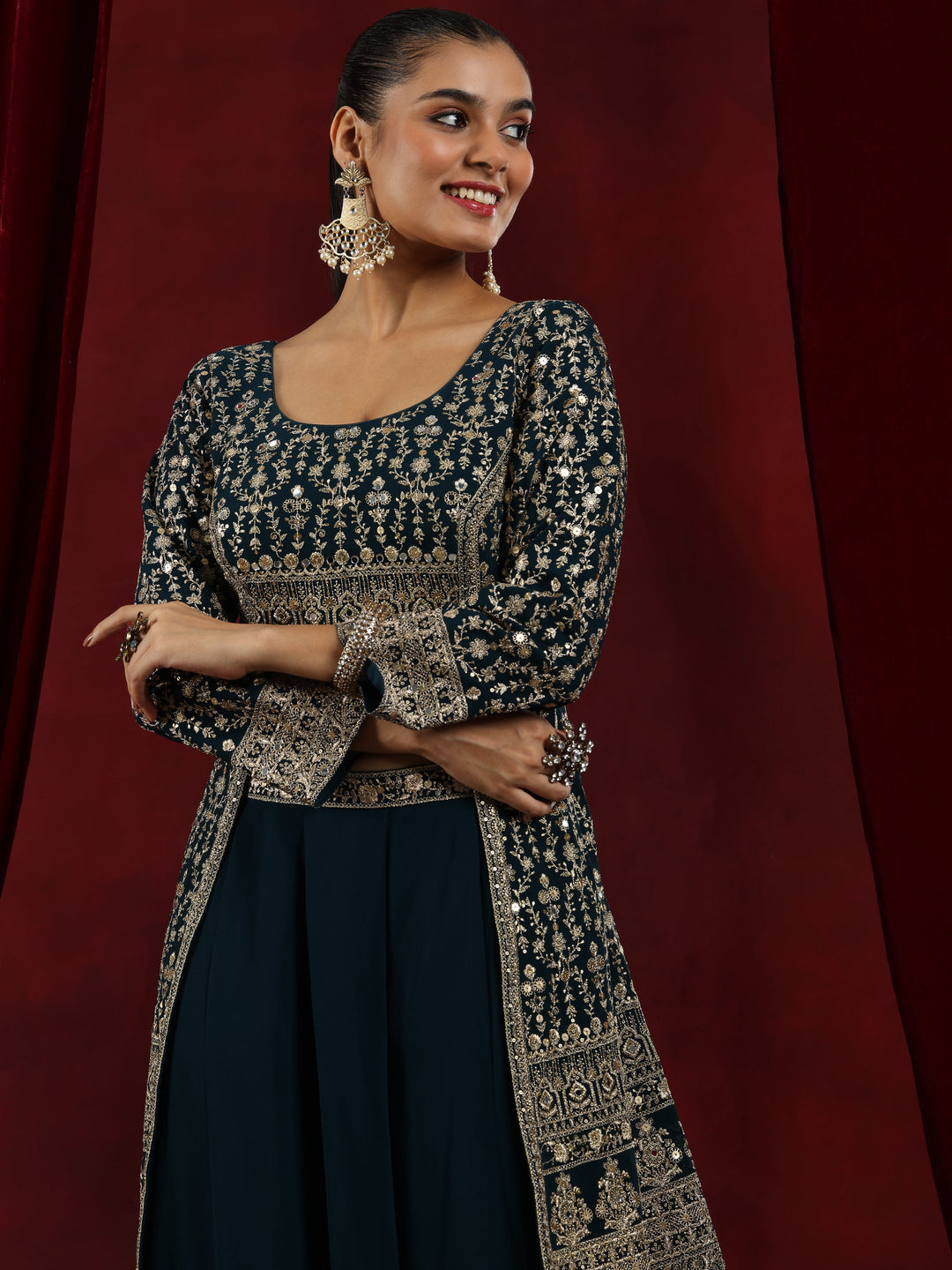 Libas Art Blue Embroidered Georgette A-Line Kurta With Palazzos & Dupatta