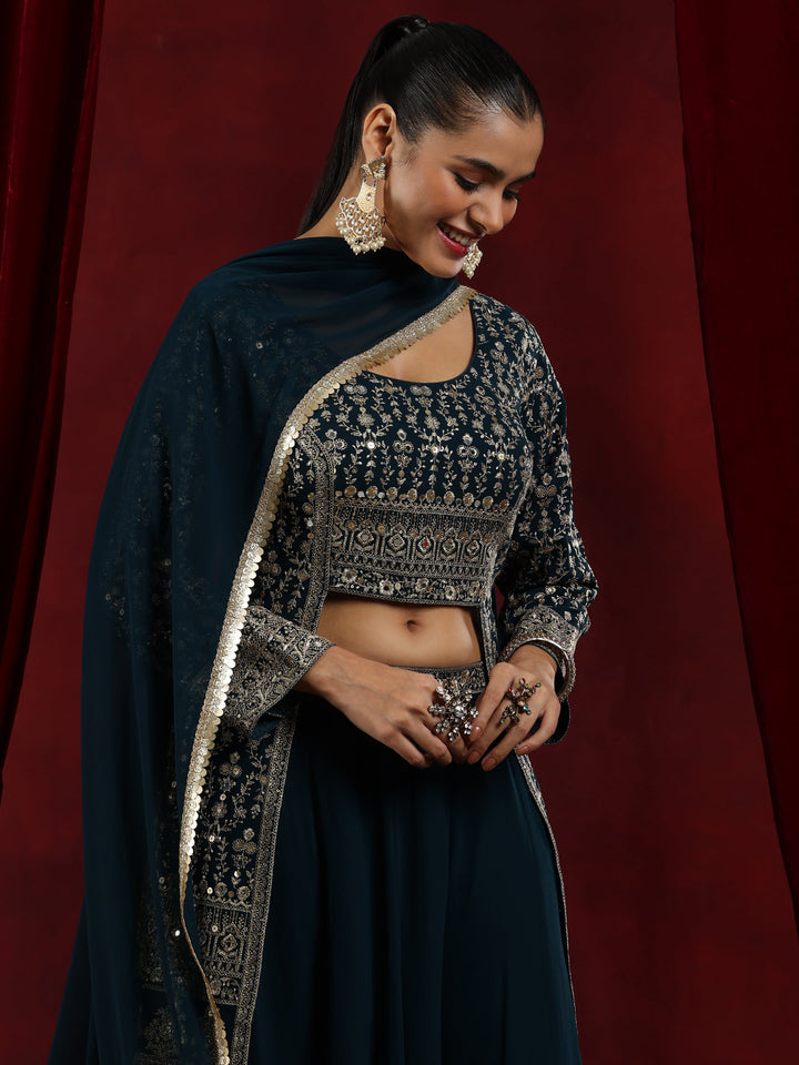 Libas Art Blue Embroidered Georgette A-Line Kurta With Palazzos & Dupatta