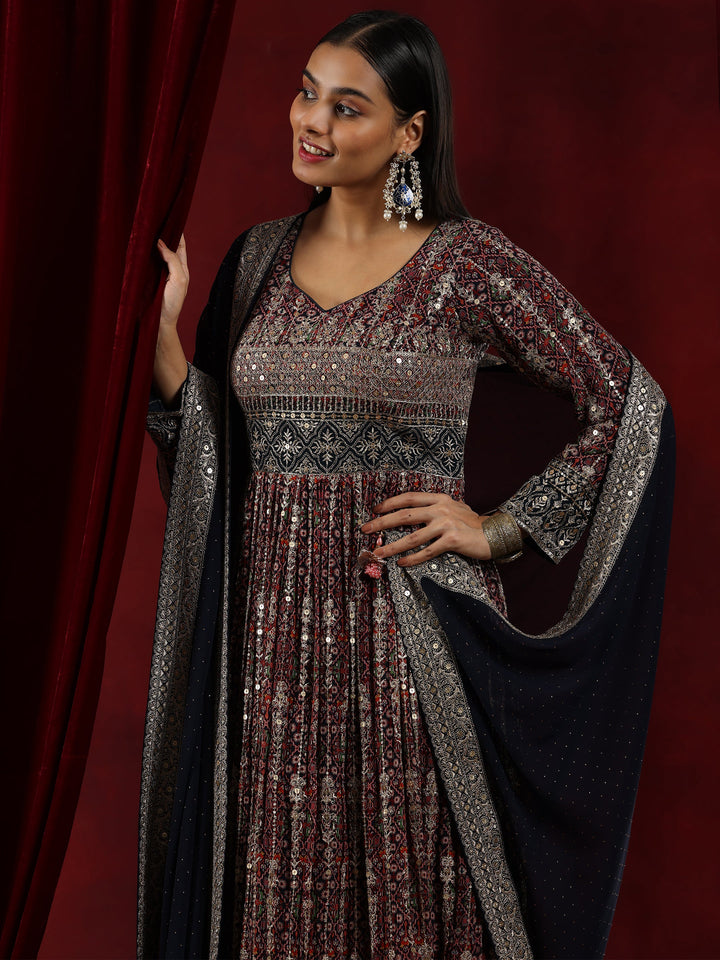 Libas Art Blue Printed Georgette A-Line Kurta With Trousers & Dupatta