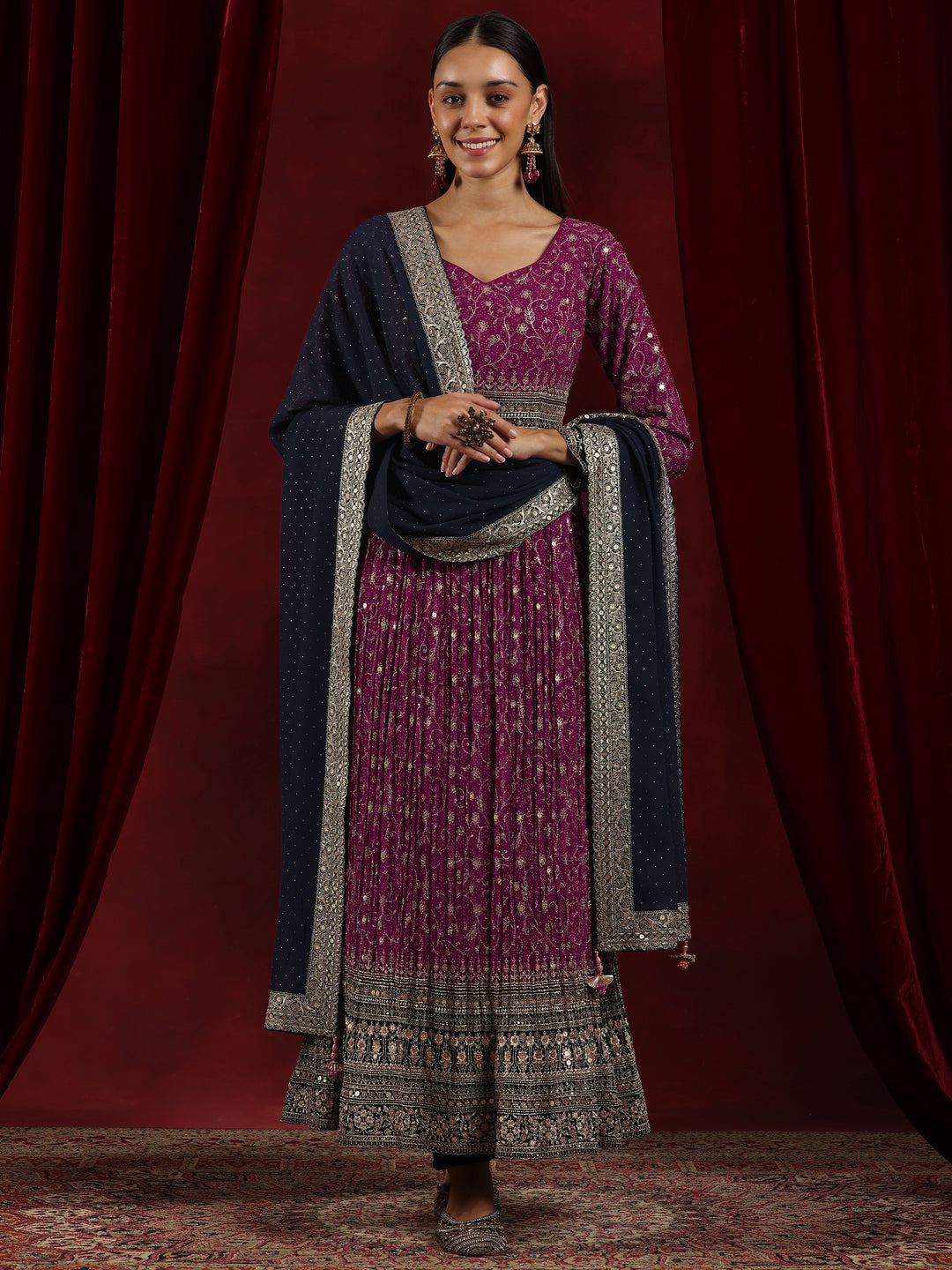 Libas Art Magenta Printed Georgette A-Line Kurta With Trousers & Dupatta