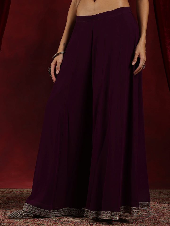 Surkh Libas Art Wine Embroidered Georgette A-Line Kurta With Palazzos & Dupatta