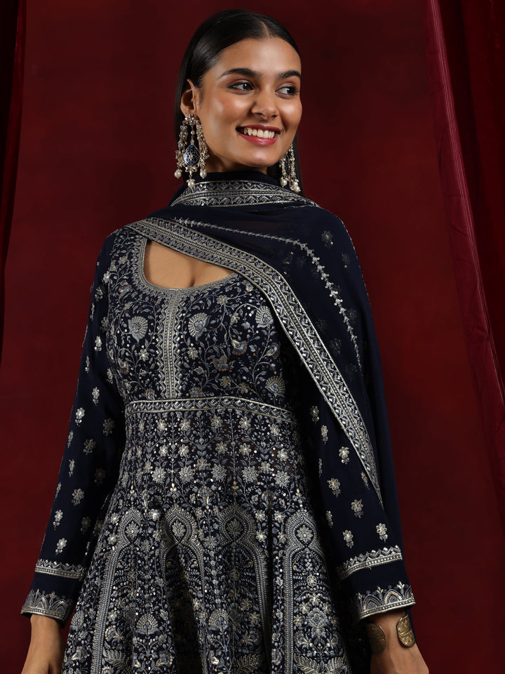 Libas Art Blue Embroidered Georgette Anarkali Suit With Dupatta