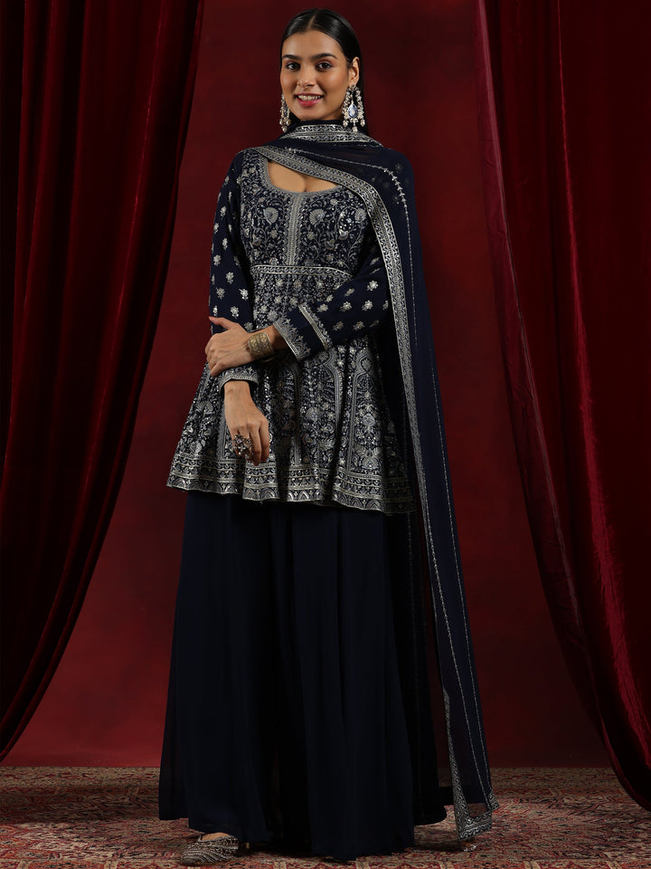 Libas Art Blue Embroidered Georgette Anarkali Suit With Dupatta