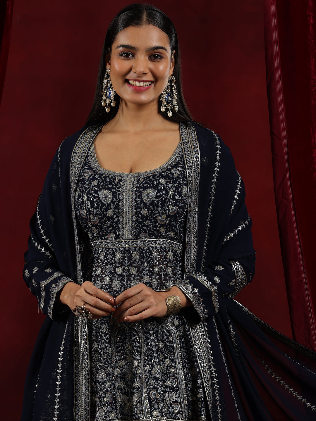 Libas Art Blue Embroidered Georgette Anarkali Suit With Dupatta