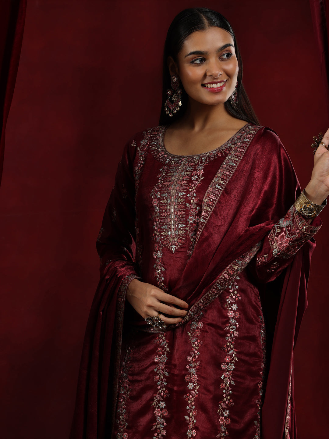 Libas Art Maroon Embroidered Silk Straight Suit With Dupatta