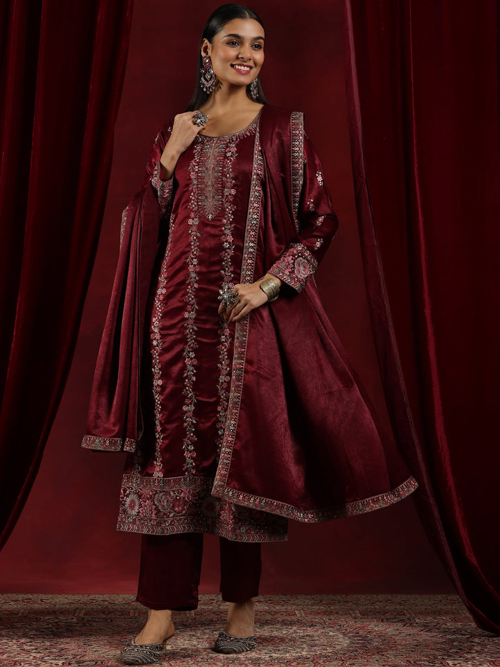 Libas Art Maroon Embroidered Silk Straight Suit With Dupatta