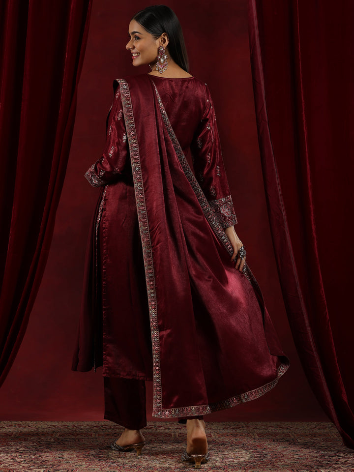 Libas Art Maroon Embroidered Silk Straight Suit With Dupatta