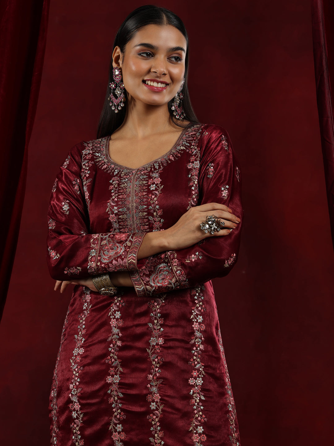 Libas Art Maroon Embroidered Silk Straight Suit With Dupatta