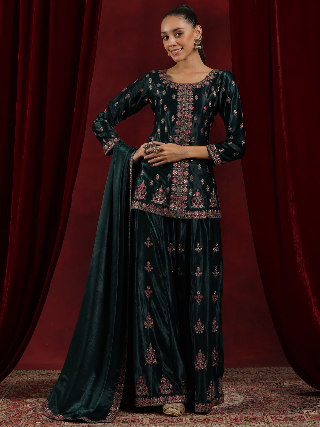 Libas Art Green Embroidered Silk Straight Suit With Dupatta