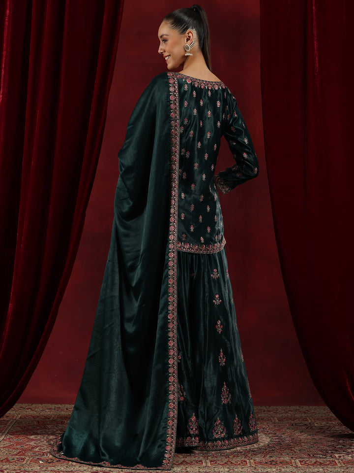 Libas Art Green Embroidered Silk Straight Suit With Dupatta